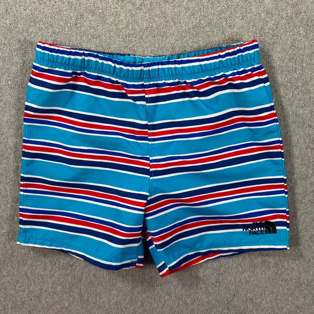The North Face Striped Boys Swim Shorts Size 6 Blue/Red UPF 40 Elastic Waist - Picture 1 of 6
